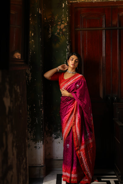 Fusion Rai Bhandej on ikkat silk with hand embroidery Chikankari work