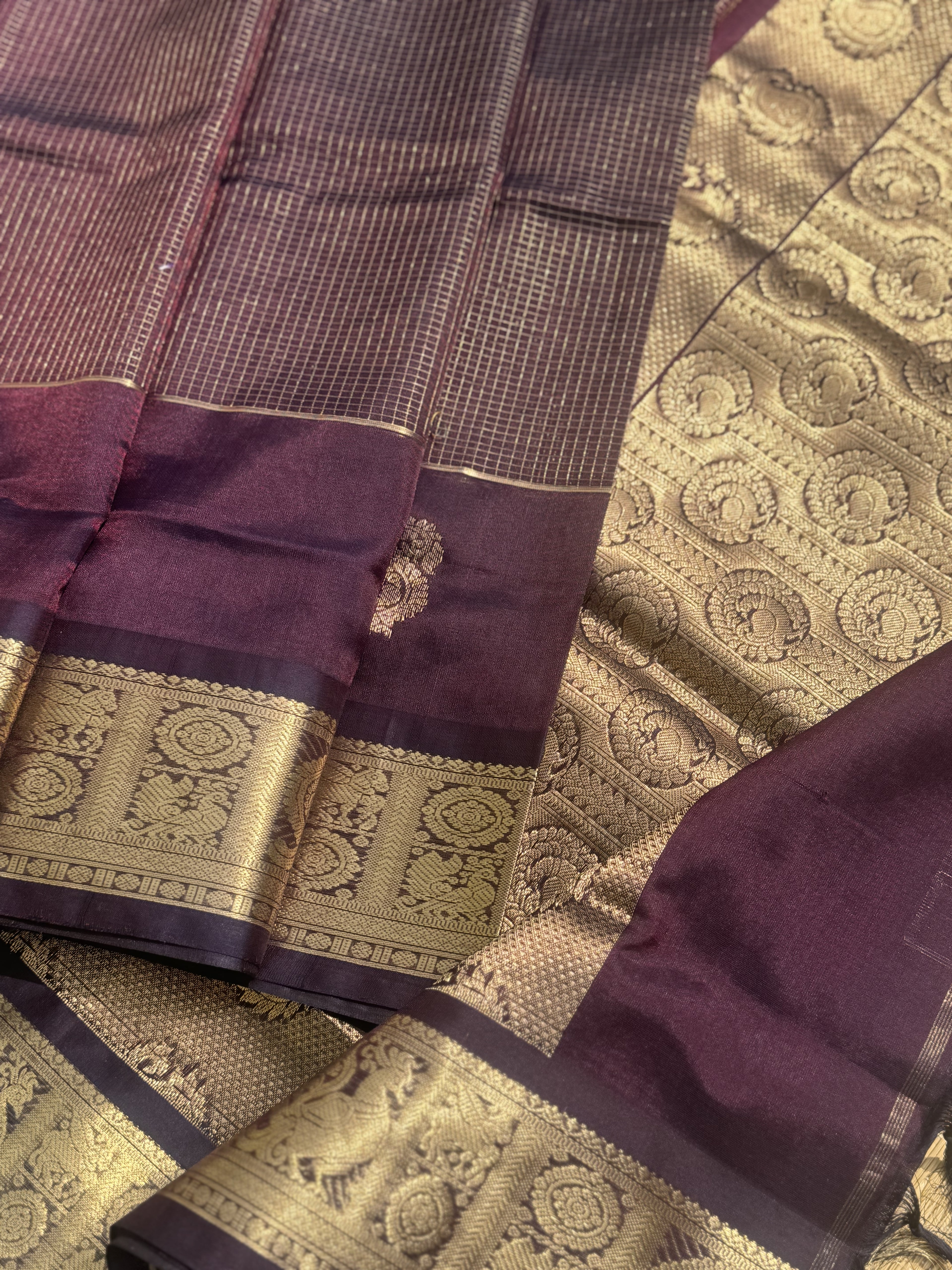 A gorgeous coffee brown zari checks weave handwoven kanchi silk cotton saree