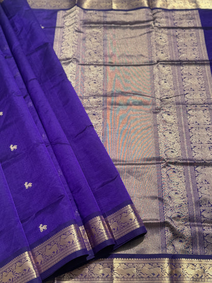 A gorgeous purple blue shade handwoven Kanchi  silk cotton saree with zari motifs