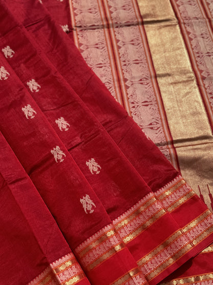 A gorgeous deep red handwoven twin parrots Kanchi silk cotton saree