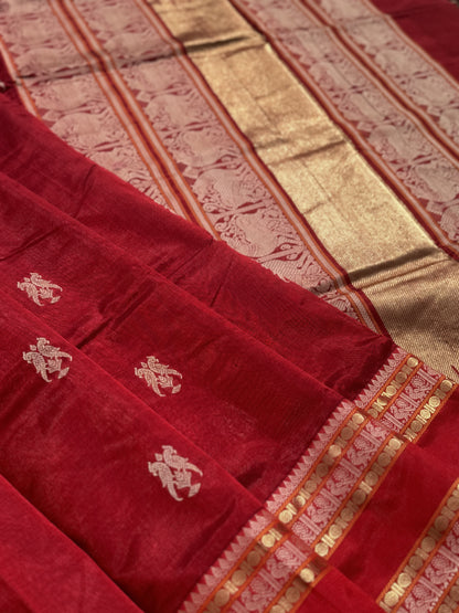 A gorgeous deep red handwoven twin parrots Kanchi silk cotton saree