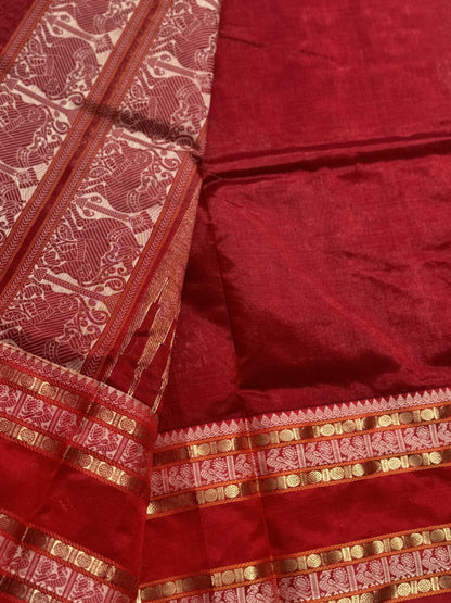 A gorgeous deep red handwoven twin parrots Kanchi silk cotton saree