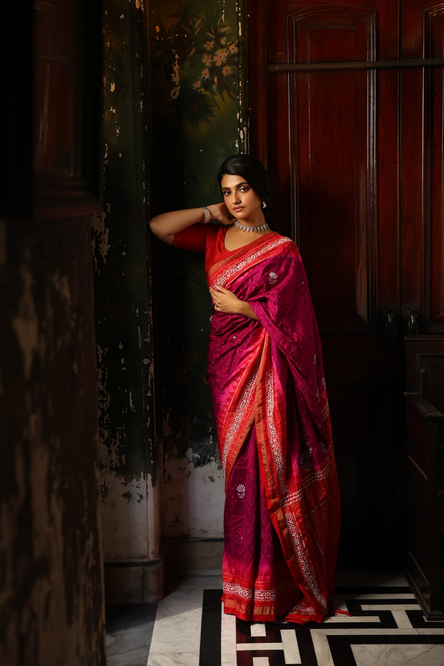 Fusion Rai Bhandej on ikkat silk with hand embroidery Chikankari work