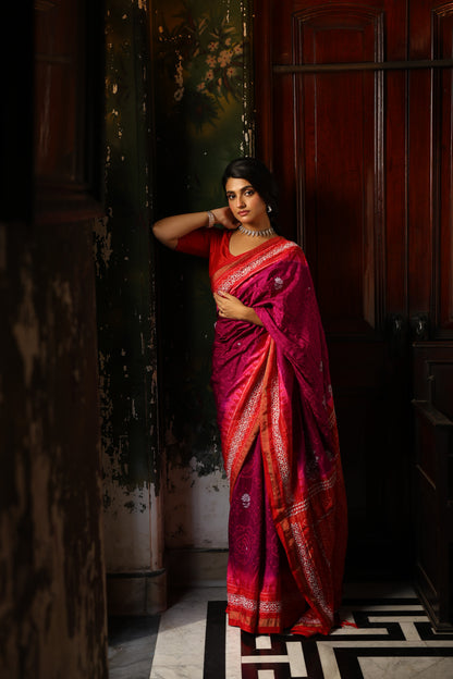 Fusion Rai Bhandej on ikkat silk with hand embroidery Chikankari work