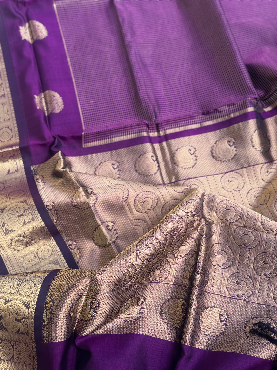 A gorgeous Purple zari checks weave handwoven kanchi silk cotton saree