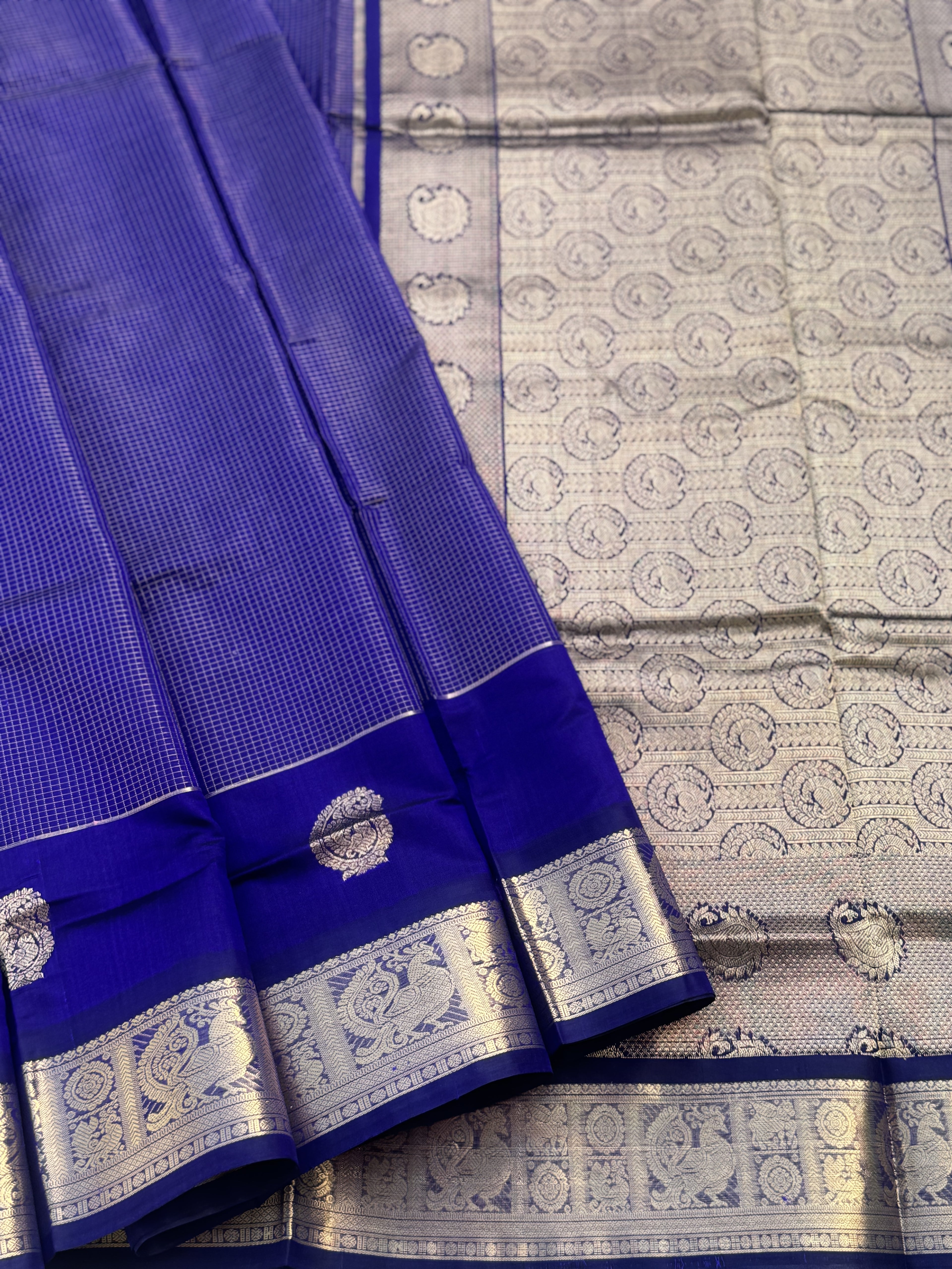 A gorgeous Royal blue zari checks weave handwoven kanchi silk cotton saree