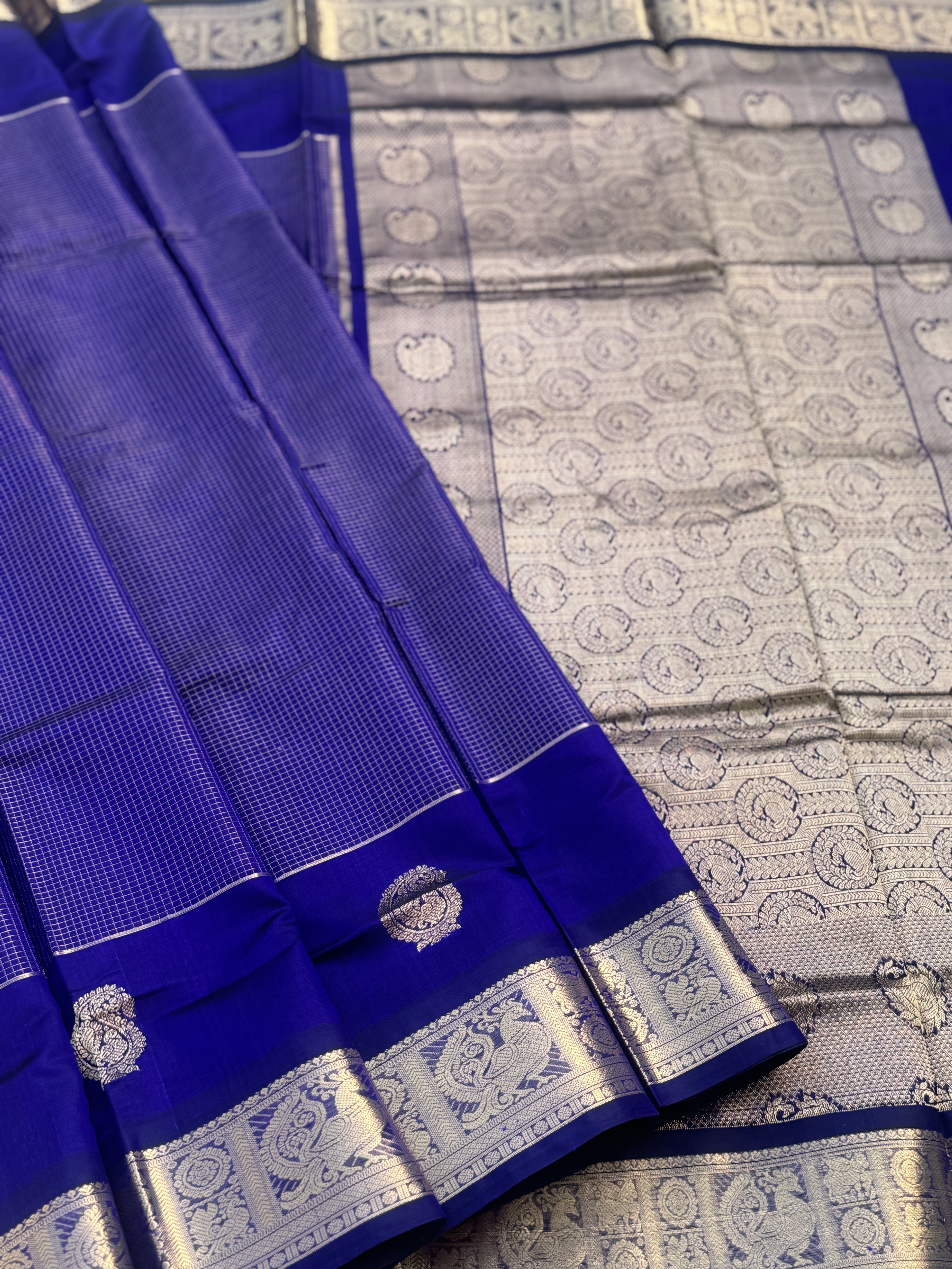 A gorgeous Royal blue zari checks weave handwoven kanchi silk cotton saree