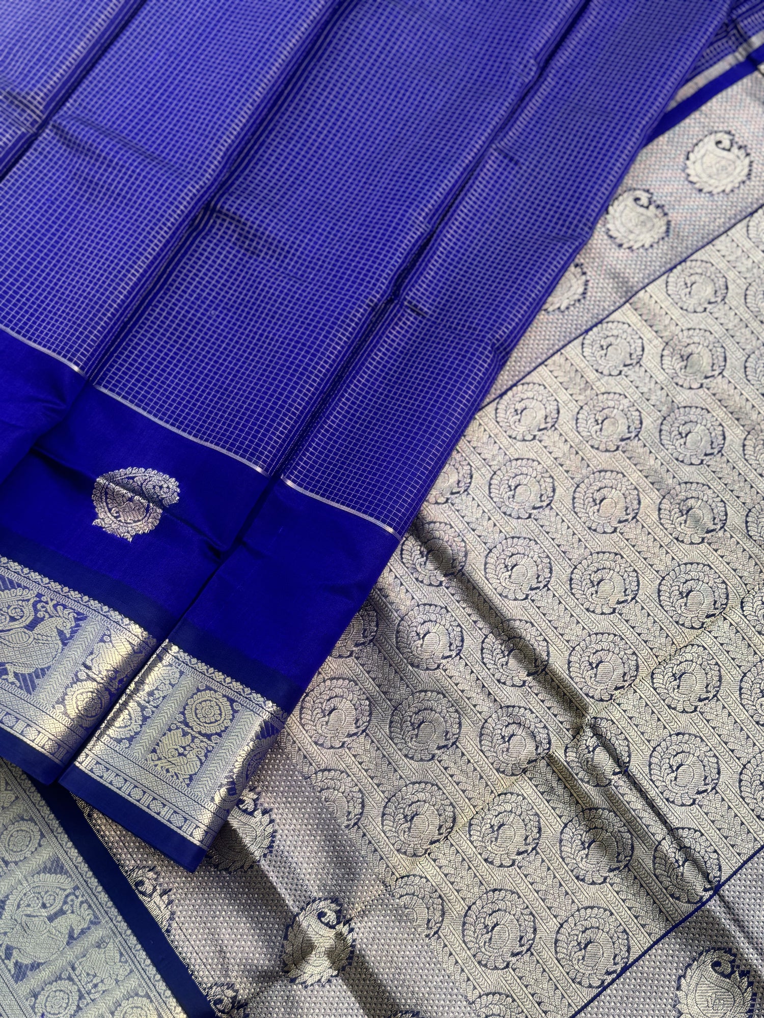 A gorgeous Royal blue zari checks weave handwoven kanchi silk cotton saree