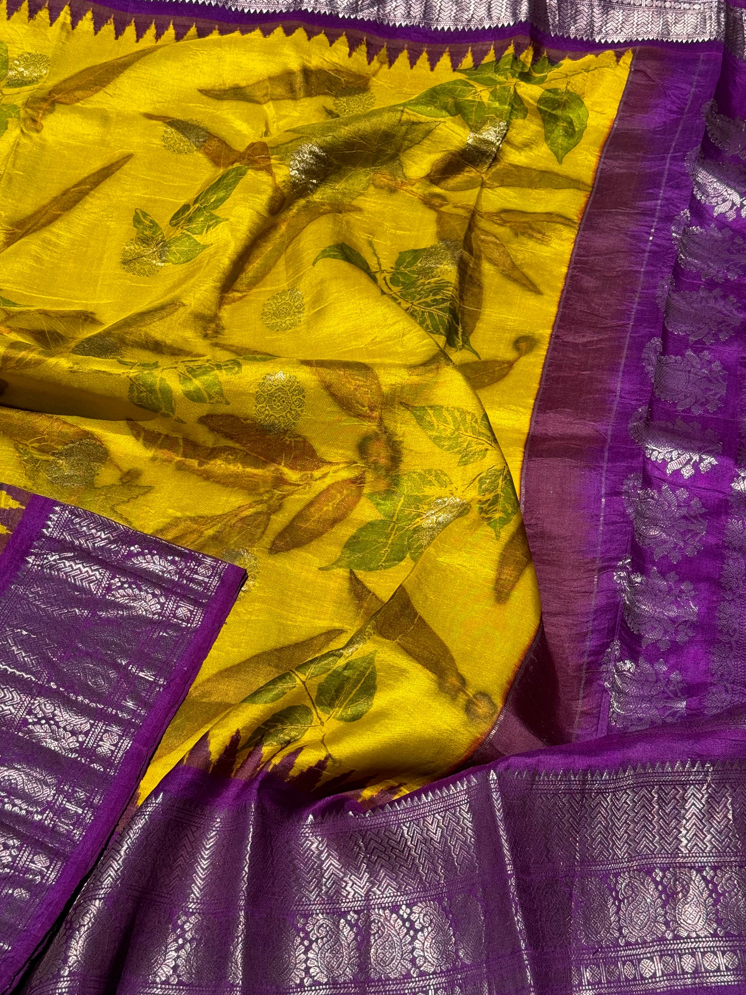 A lemon yellow with purple Natural Handmade Ecoprints Gadwal silk saree