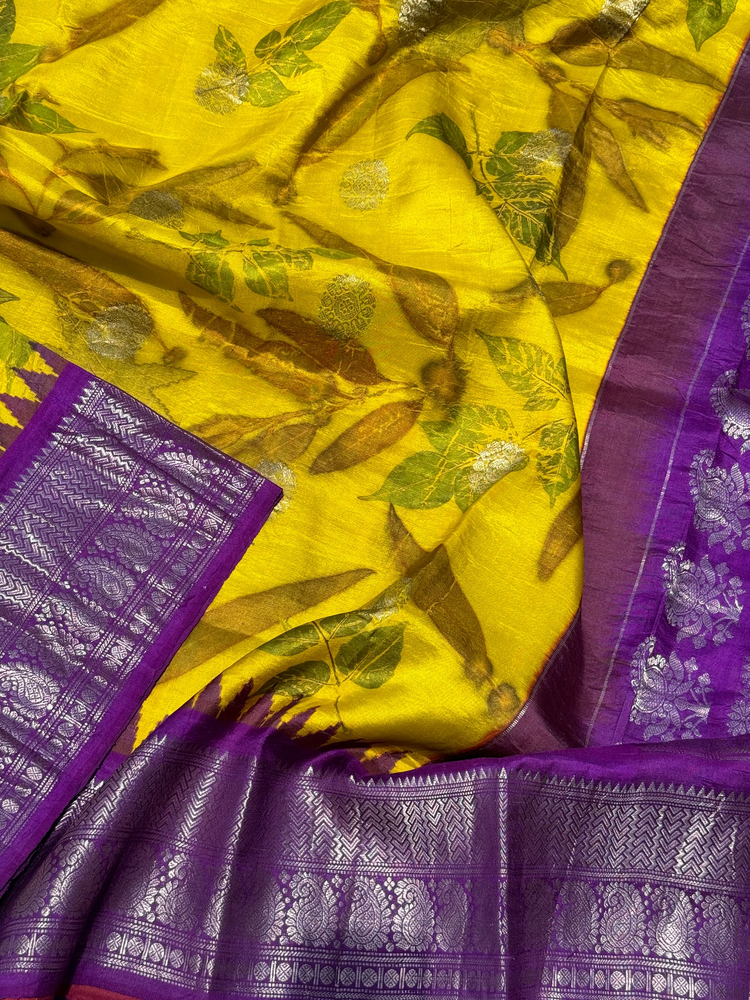 A lemon yellow with purple Natural Handmade Ecoprints Gadwal silk saree