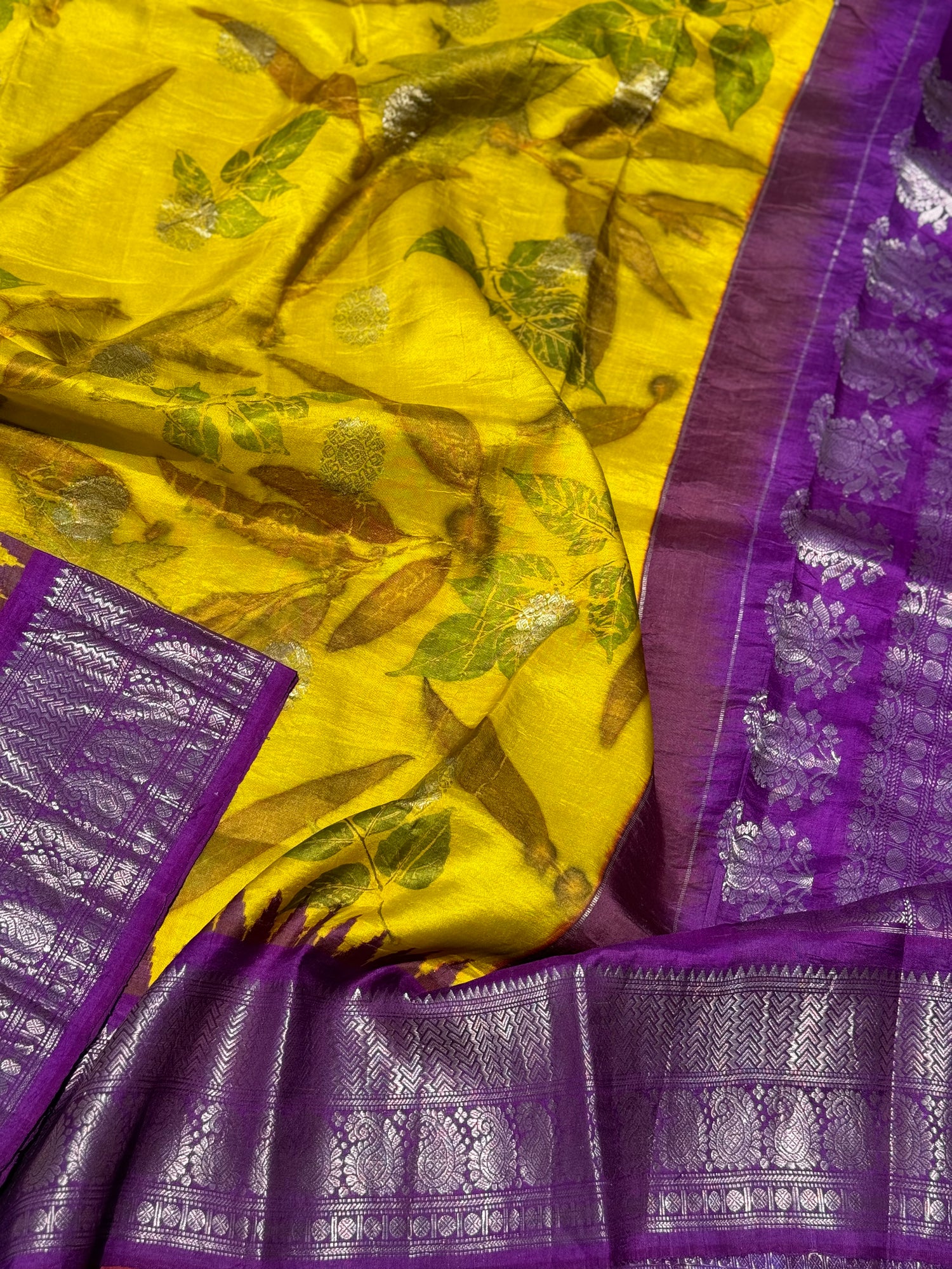 A lemon yellow with purple Natural Handmade Ecoprints Gadwal silk saree