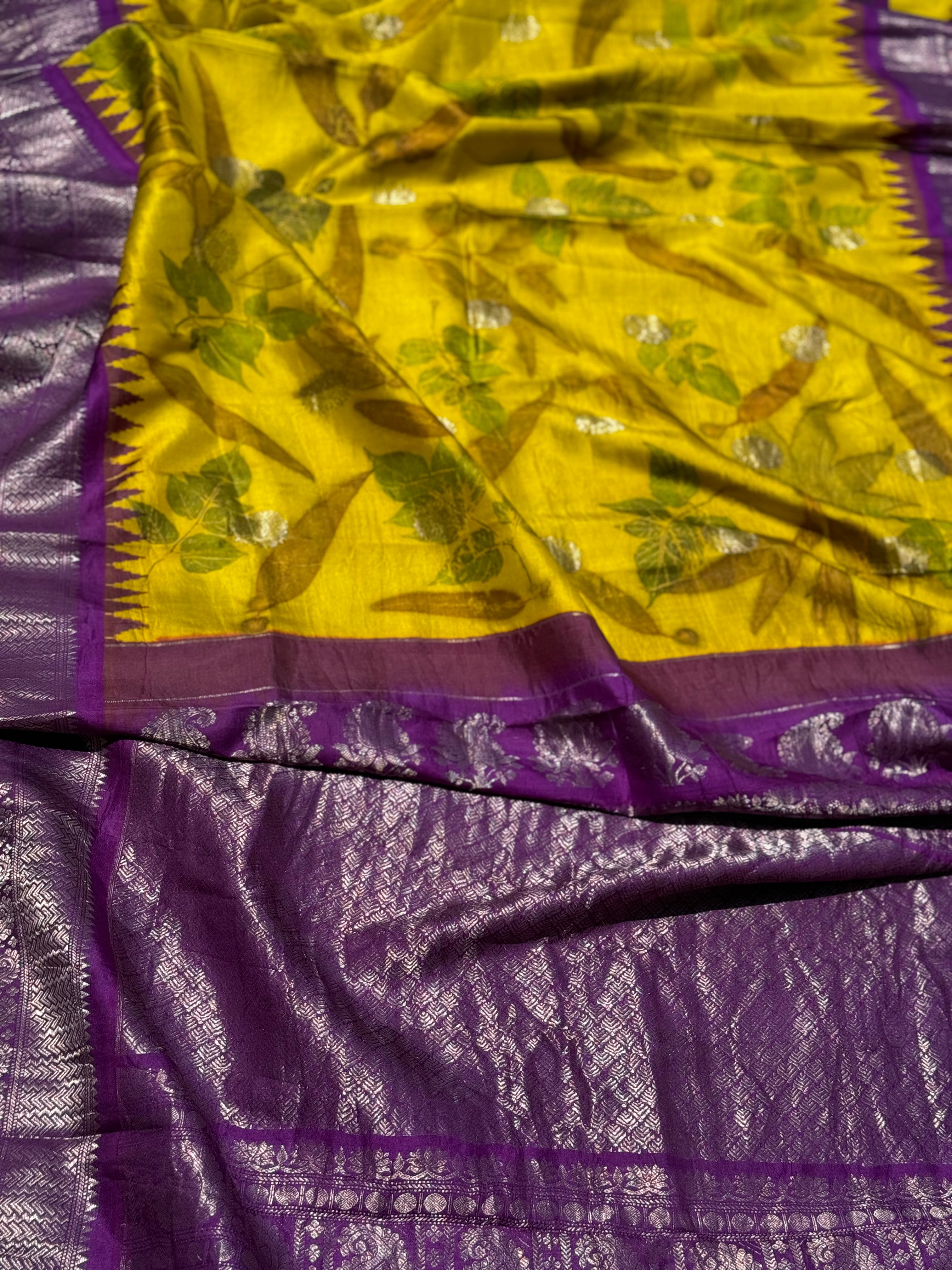 A lemon yellow with purple Natural Handmade Ecoprints Gadwal silk saree