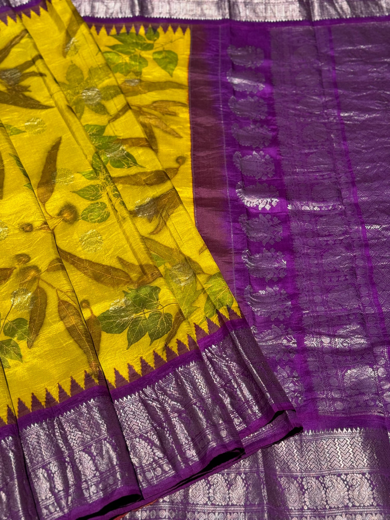 A lemon yellow with purple Natural Handmade Ecoprints Gadwal silk saree