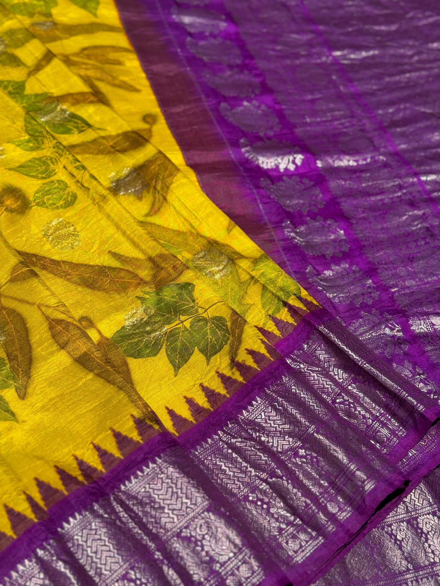 A lemon yellow with purple Natural Handmade Ecoprints Gadwal silk saree