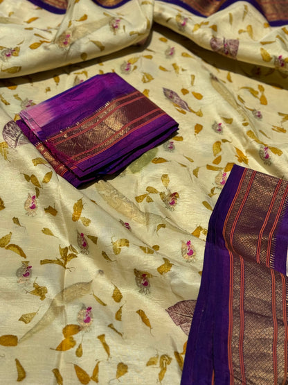 Pearl white with purple Natural Eco Prints On Meenakari Paithani silk Saree