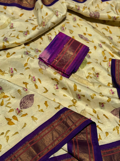 Pearl white with purple Natural Eco Prints On Meenakari Paithani silk Saree