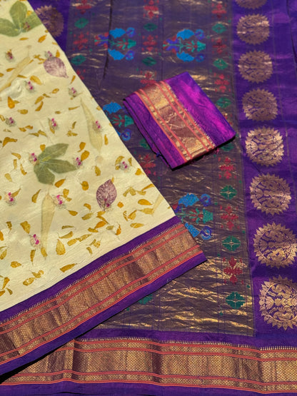 Pearl white with purple Natural Eco Prints On Meenakari Paithani silk Saree