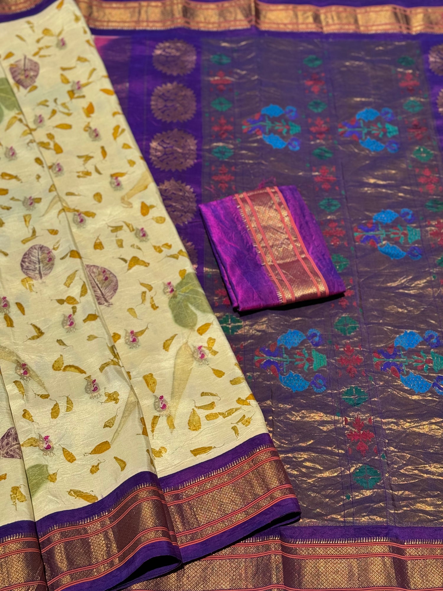 Pearl white with purple Natural Eco Prints On Meenakari Paithani silk Saree