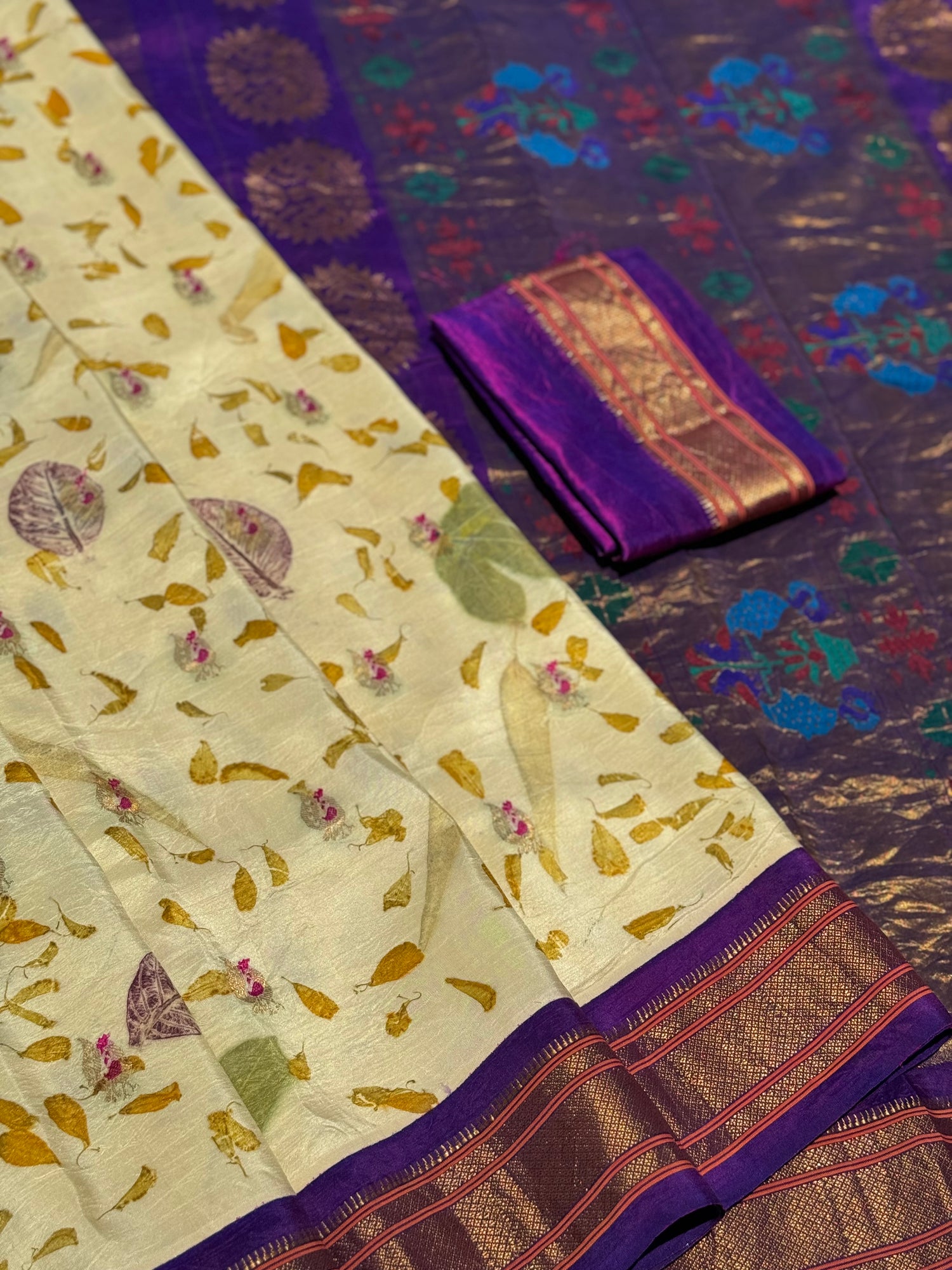 Pearl white with purple Natural Eco Prints On Meenakari Paithani silk Saree