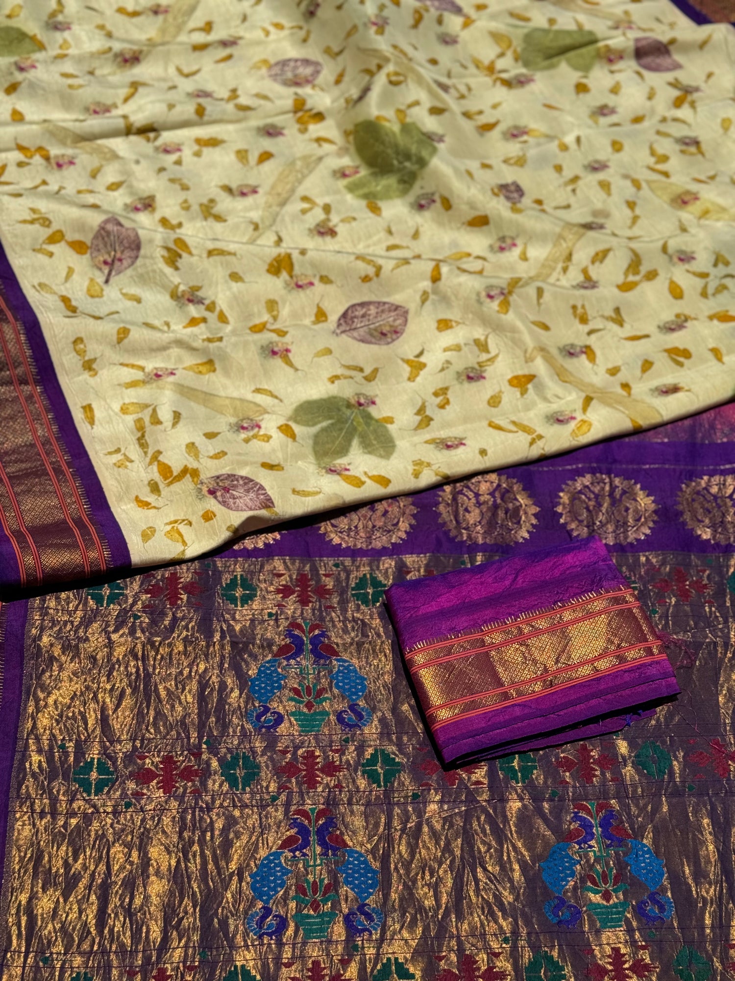 Pearl white with purple Natural Eco Prints On Meenakari Paithani silk Saree