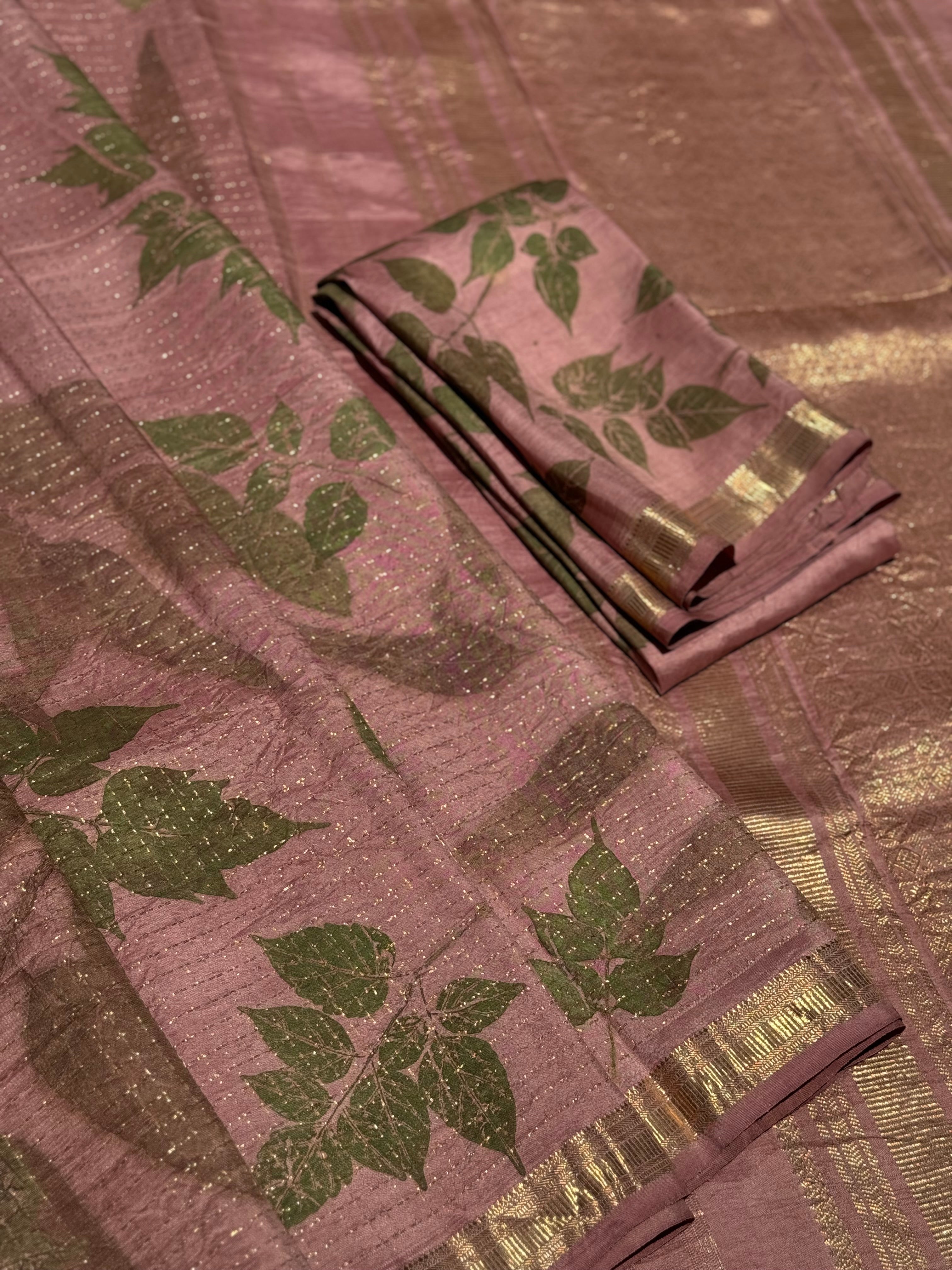 Rose gold EcoPrints in Kanchivaram silk saree