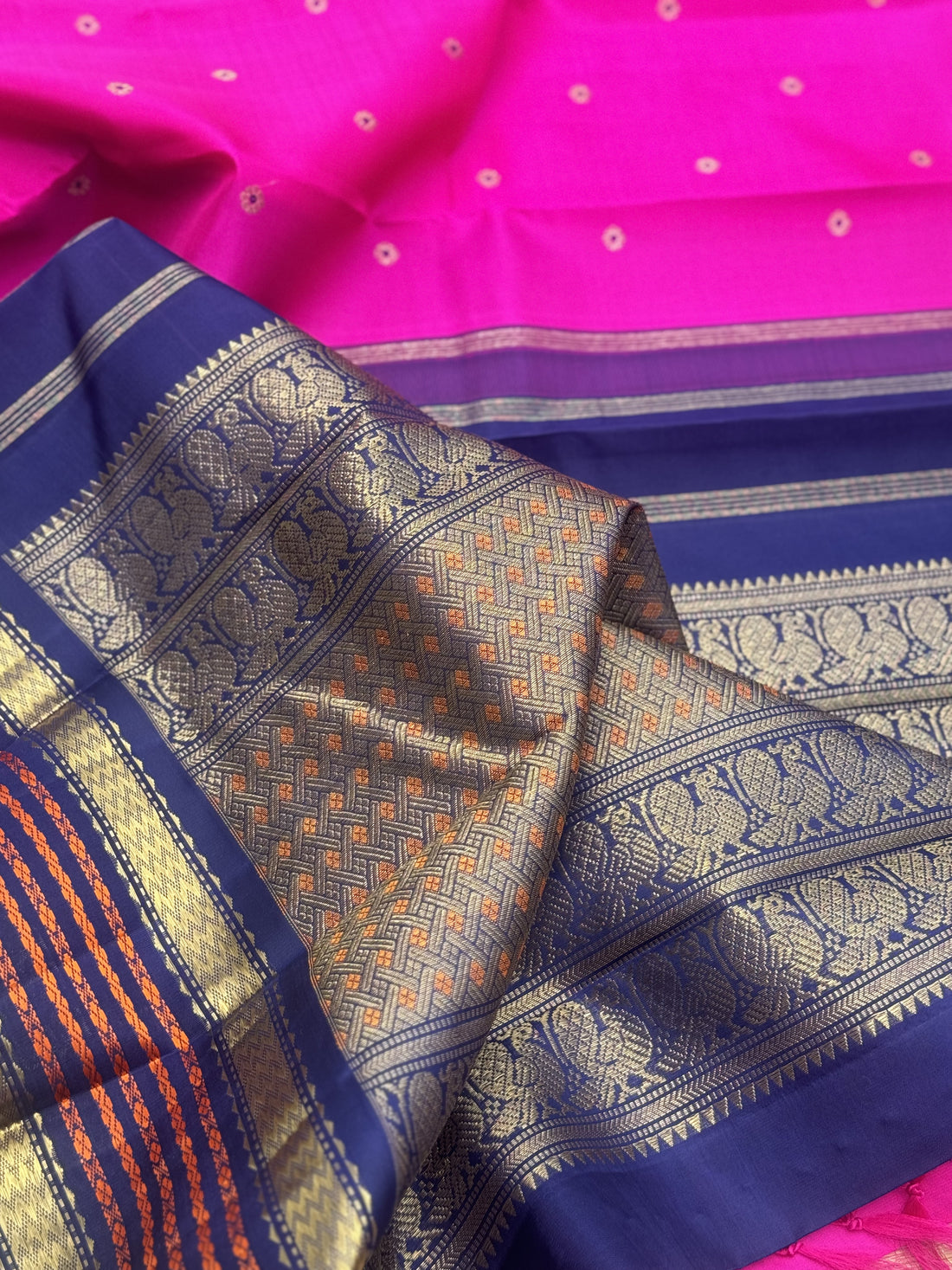A Masterpiece kanchivaram korvai silk saree in Patturose pink with midnight blue