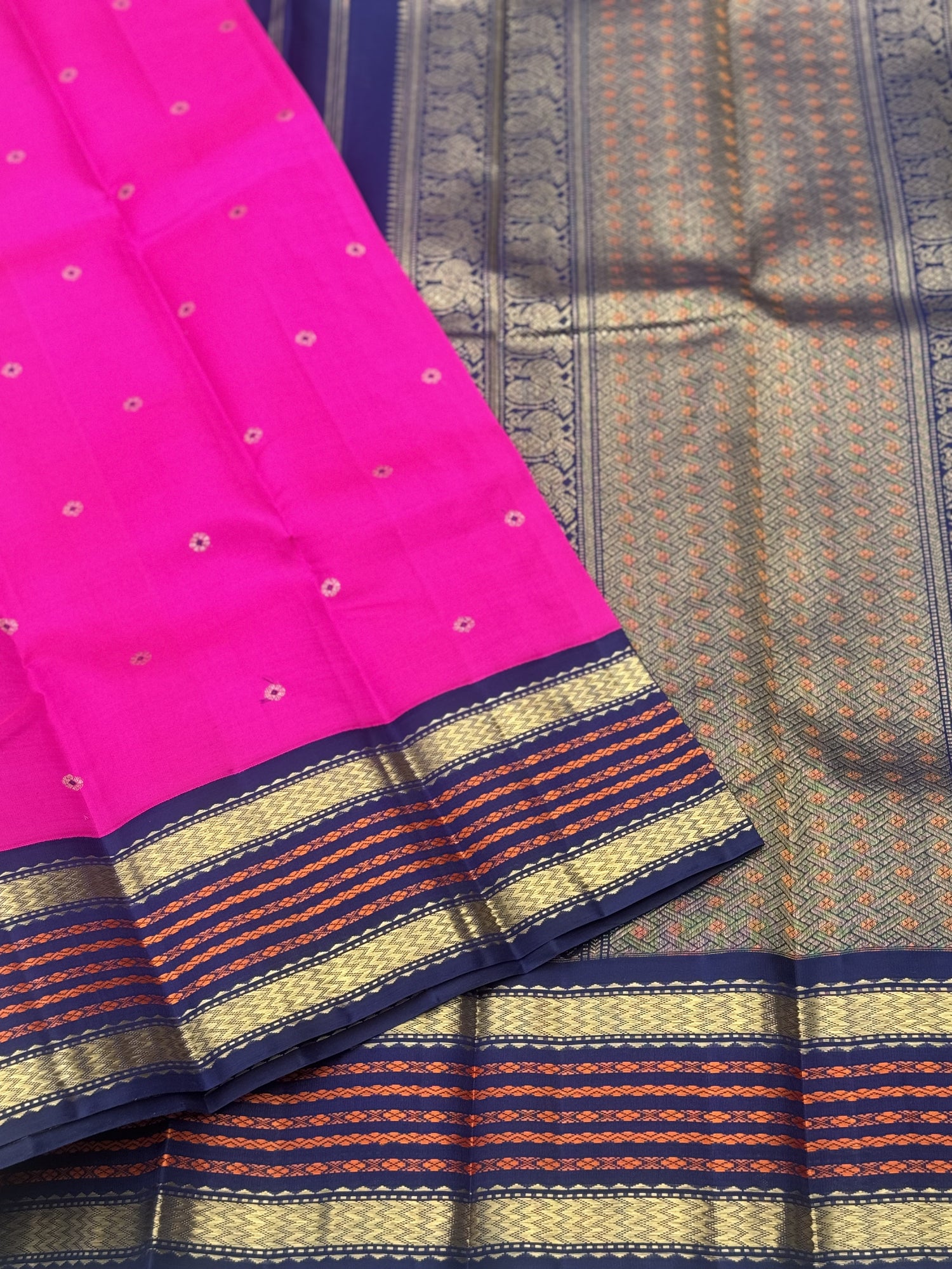 A Masterpiece kanchivaram korvai silk saree in Patturose pink with midnight blue