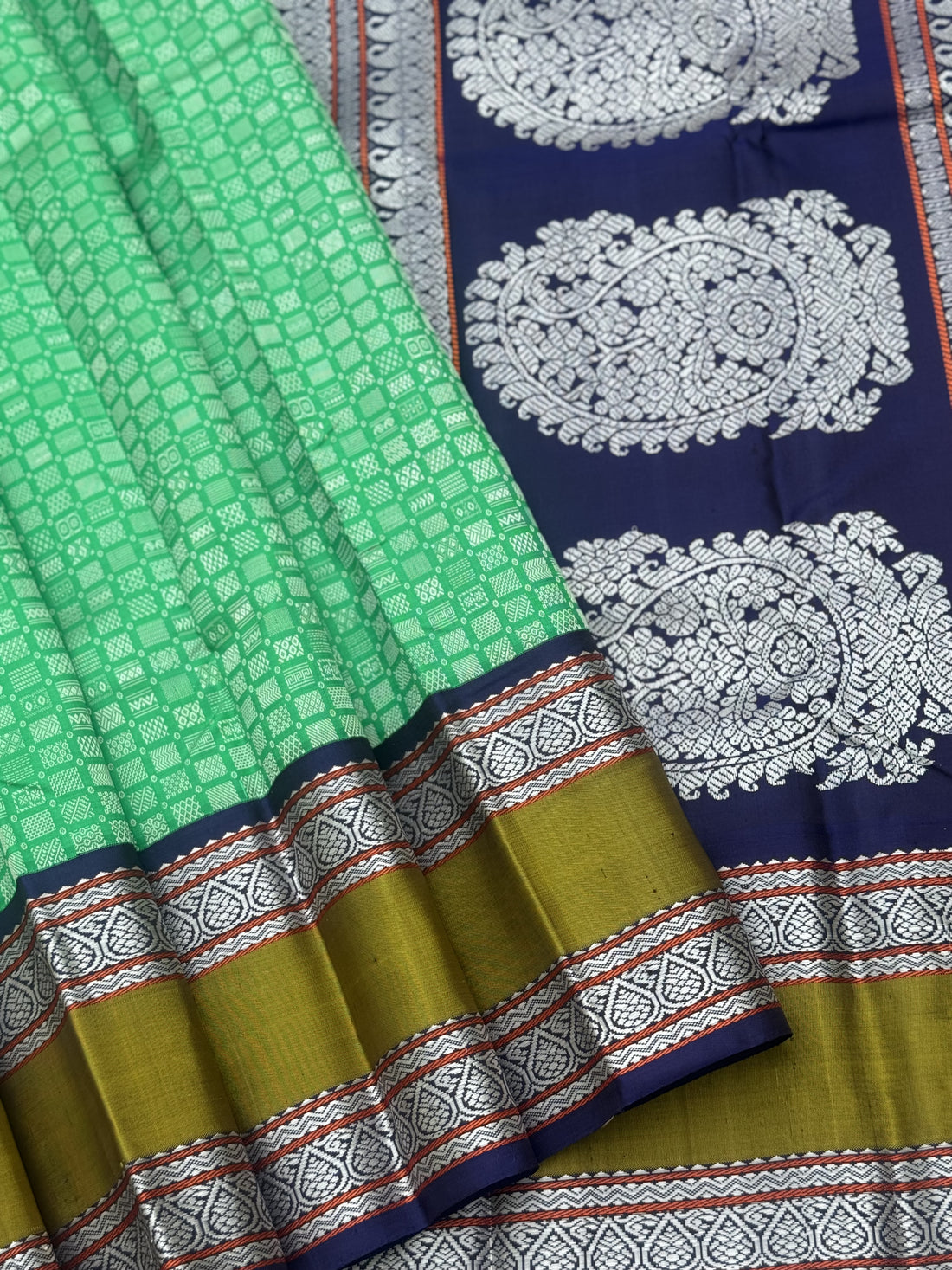 A stunner Masterpiece 48 motifs korvai kanchivaram woven silk saree with threadwork