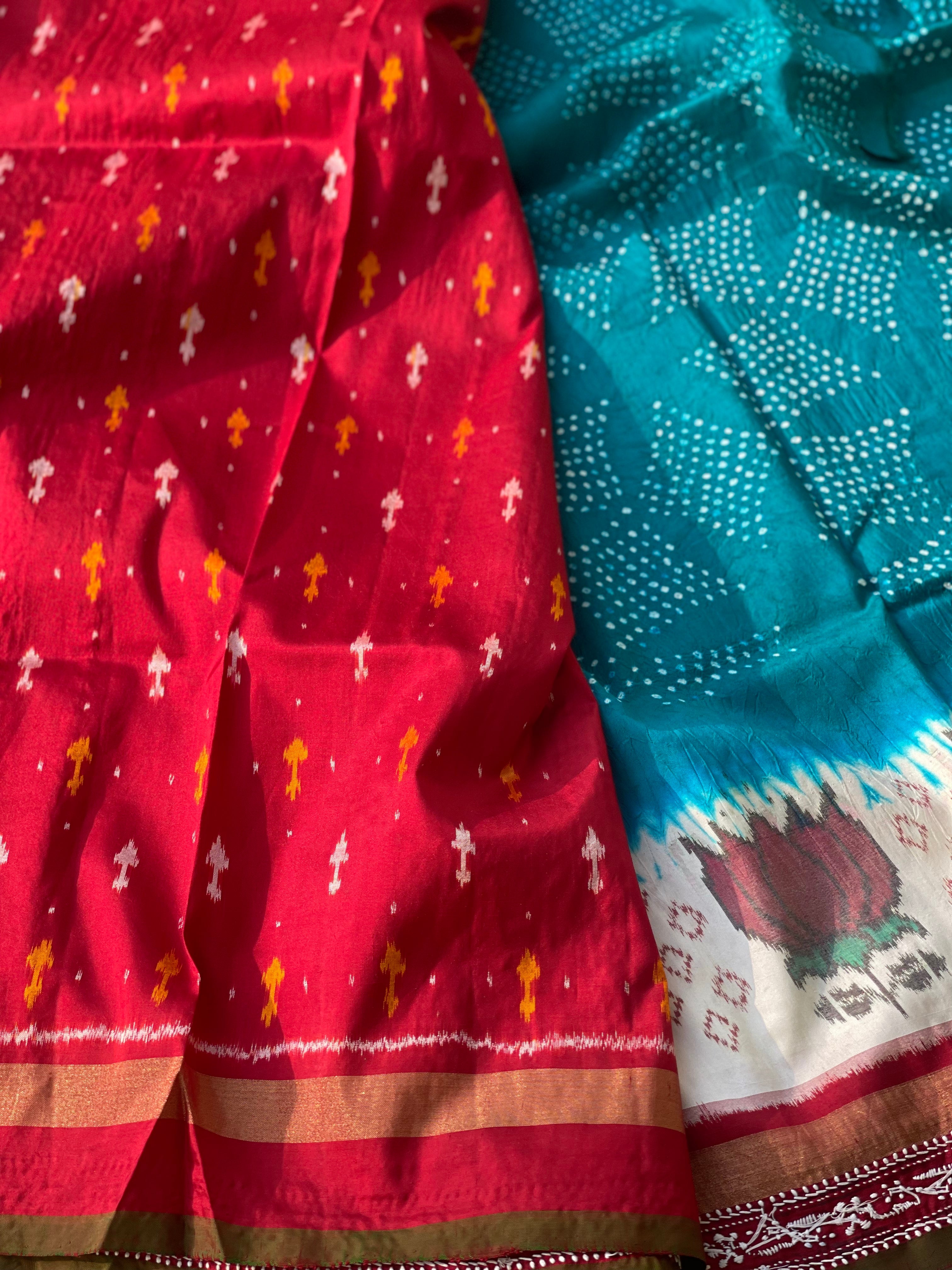 Hand knotted Rai Bhadhej  with chikankari work on Ikkat silk saree