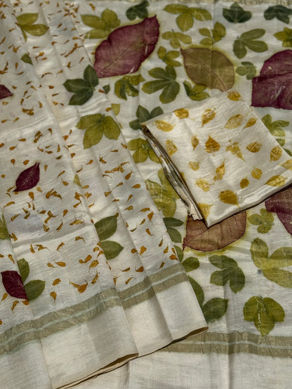 A pearl white Natural Handmade Ecoprints tussar by mulberry silk saree