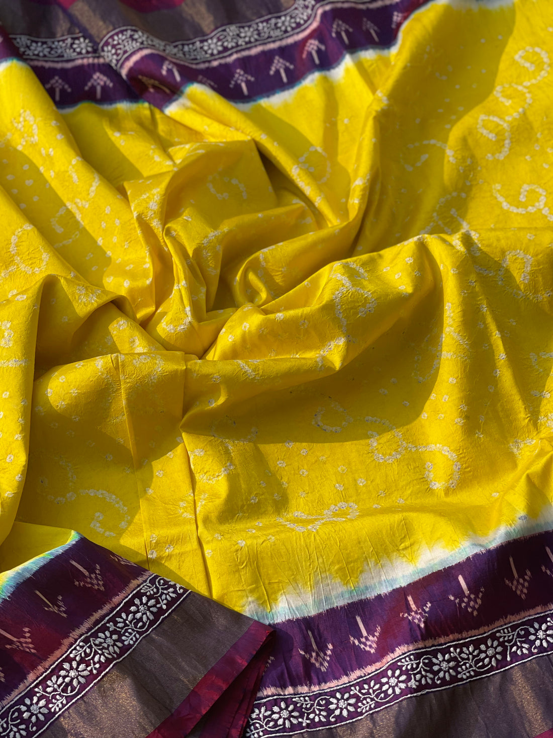 Hand knotted Rai Bhadhej with chikankari work on Tie Dyed ikkat silk saree