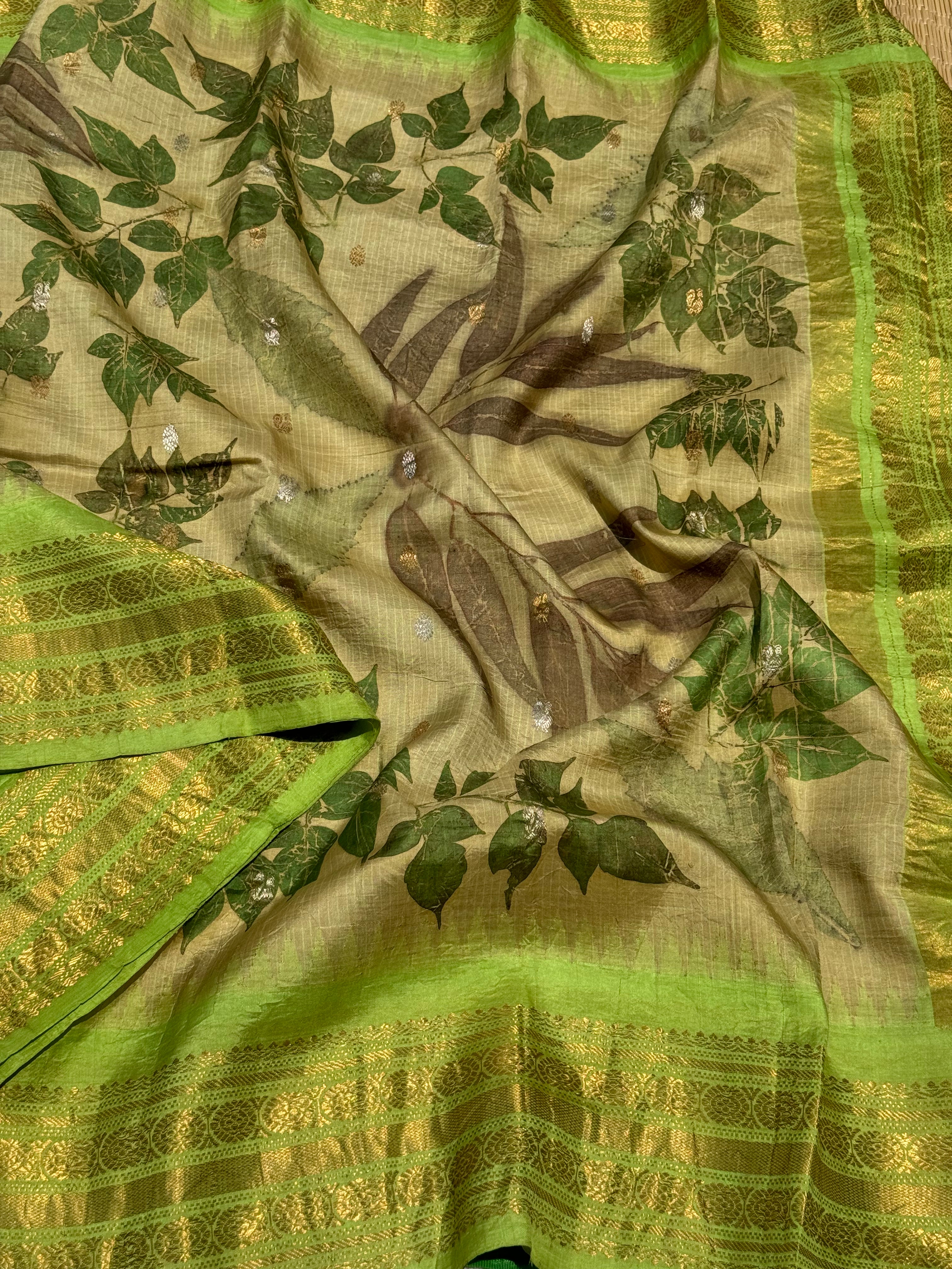 A muted gold with ferngreen Natural Handmade Ecoprints Gadwal silk saree