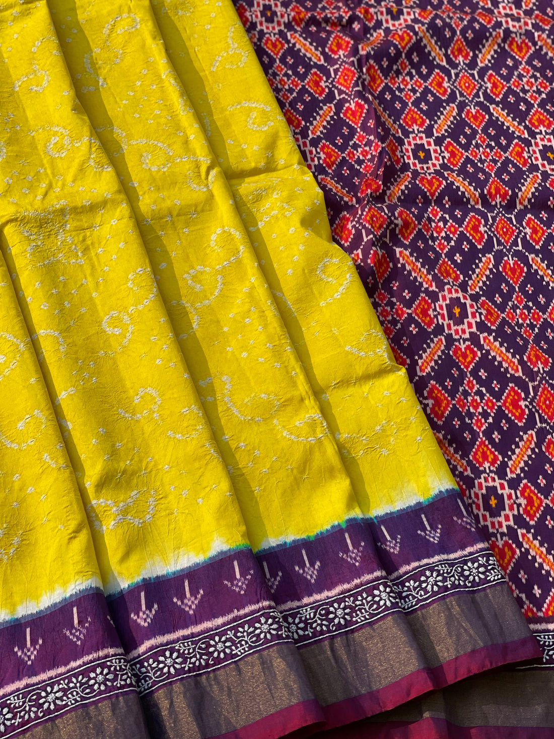 Hand knotted Rai Bhadhej with chikankari work on Tie Dyed ikkat silk saree