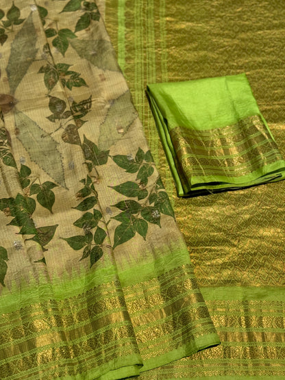 A muted gold with ferngreen Natural Handmade Ecoprints Gadwal silk saree