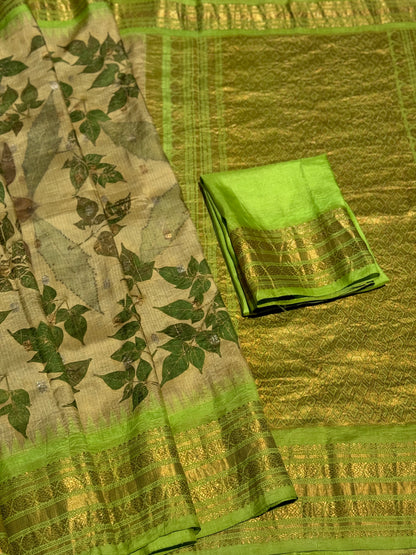 A muted gold with ferngreen Natural Handmade Ecoprints Gadwal silk saree