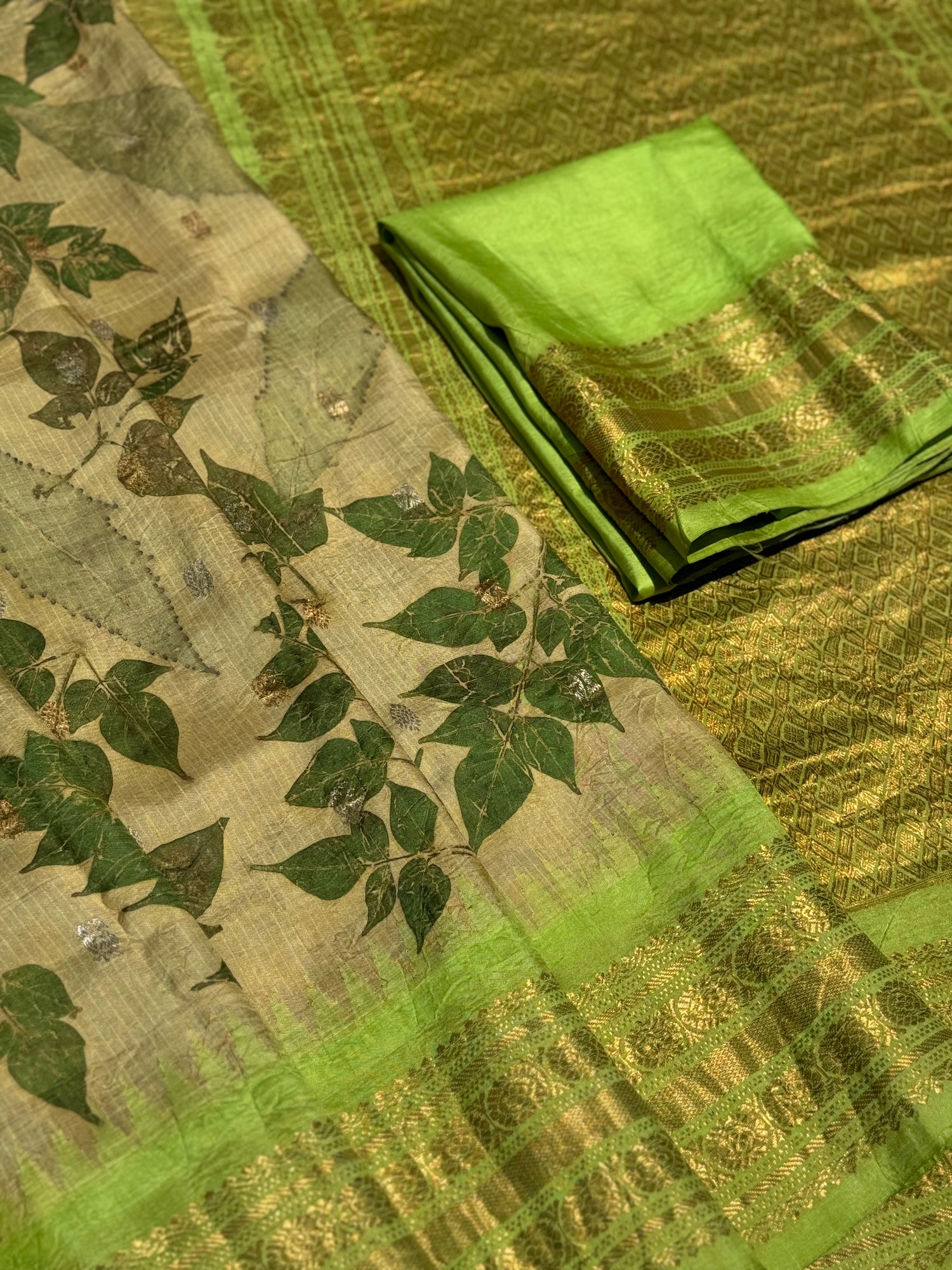 A muted gold with ferngreen Natural Handmade Ecoprints Gadwal silk saree