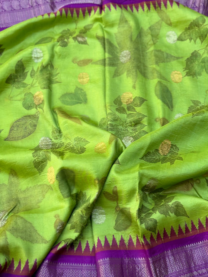 A limegreen with purple Natural Handmade Ecoprints Gadwal silk saree