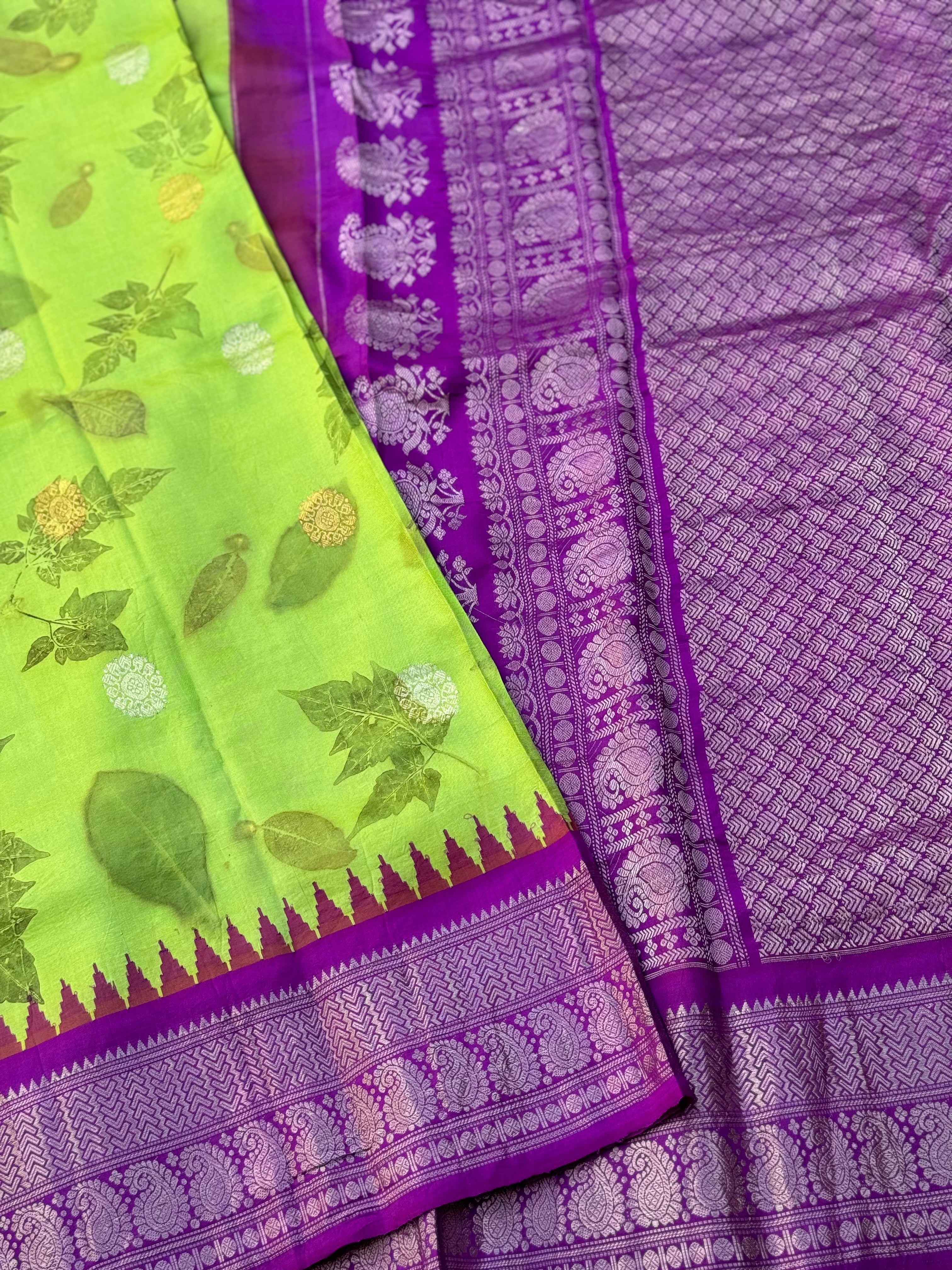 A limegreen with purple Natural Handmade Ecoprints Gadwal silk saree