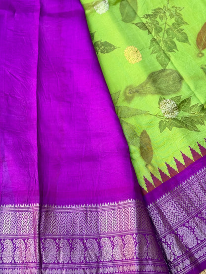 A limegreen with purple Natural Handmade Ecoprints Gadwal silk saree