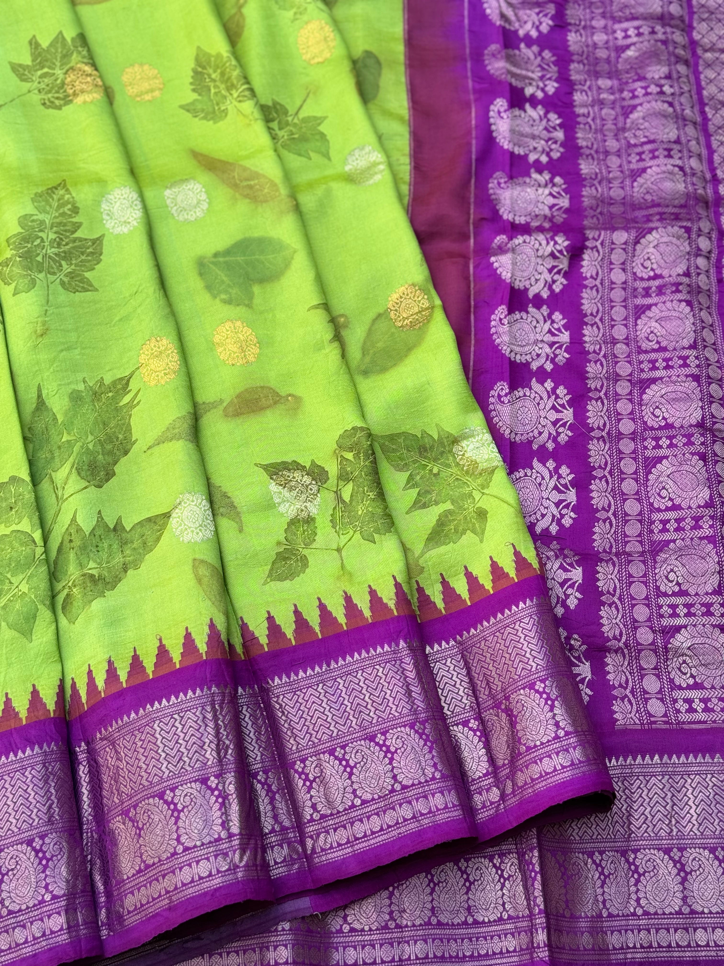 A limegreen with purple Natural Handmade Ecoprints Gadwal silk saree