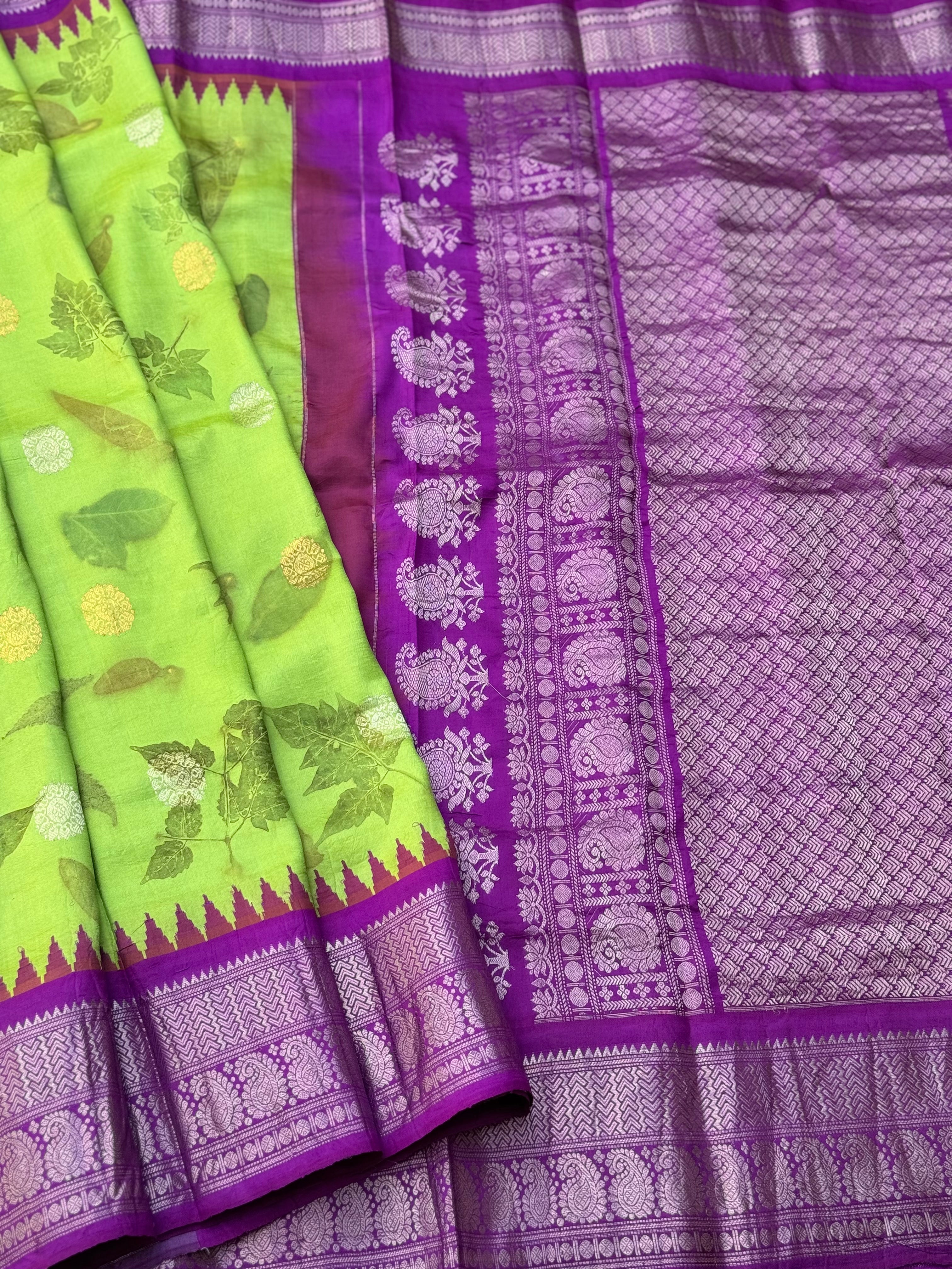 A limegreen with purple Natural Handmade Ecoprints Gadwal silk saree