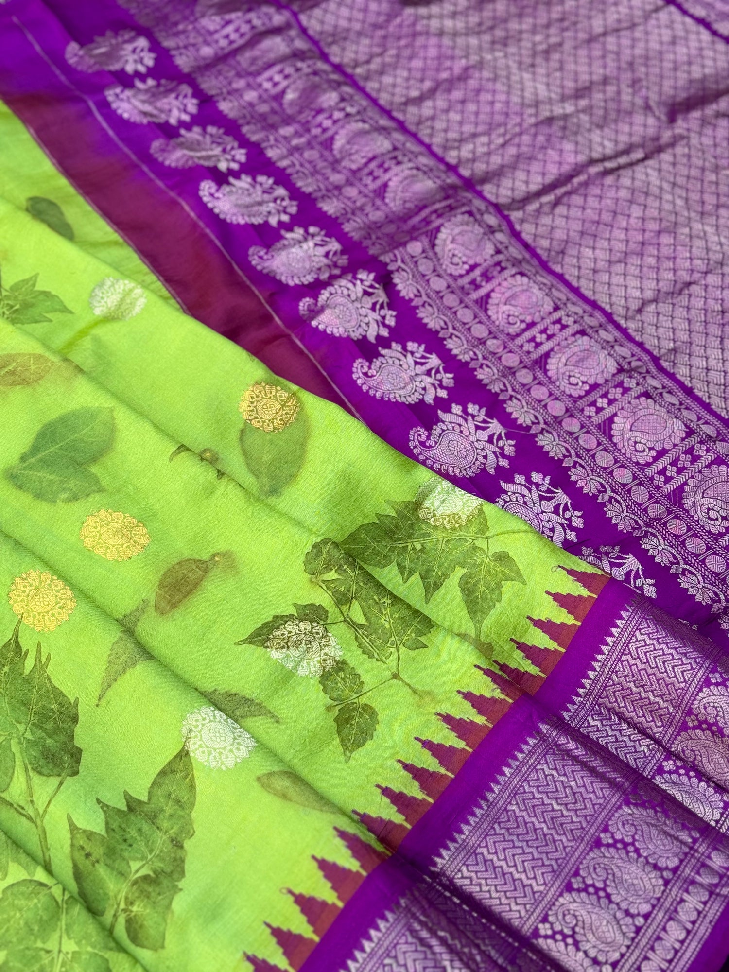 A limegreen with purple Natural Handmade Ecoprints Gadwal silk saree