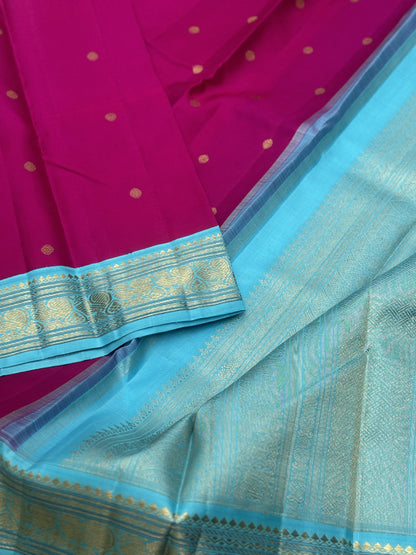 A Masterpiece kanchivaram korvai silk saree in deep amaranth pink with seablue