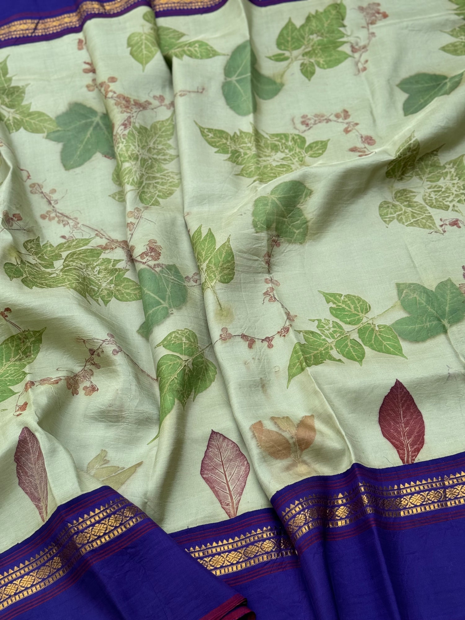 A pistachio green Natural handmade Ecoprints on Korvai Kanchivaram silk saree