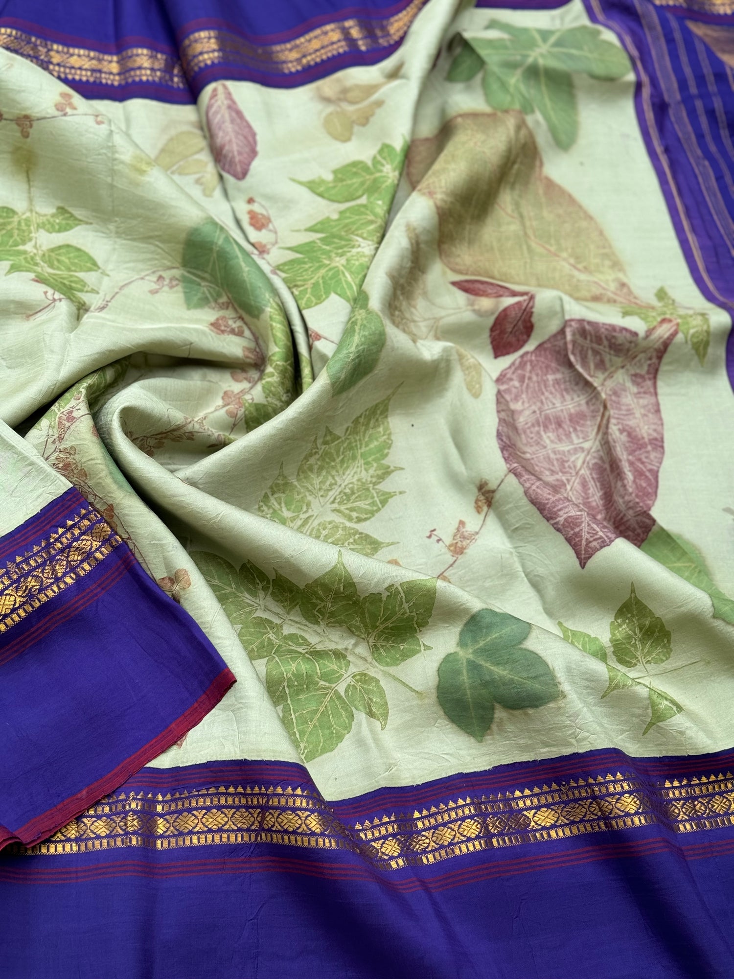 A pistachio green Natural handmade Ecoprints on Korvai Kanchivaram silk saree