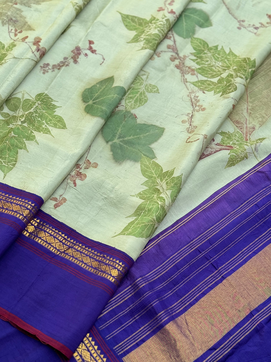 A pistachio green Natural handmade Ecoprints on Korvai Kanchivaram silk saree
