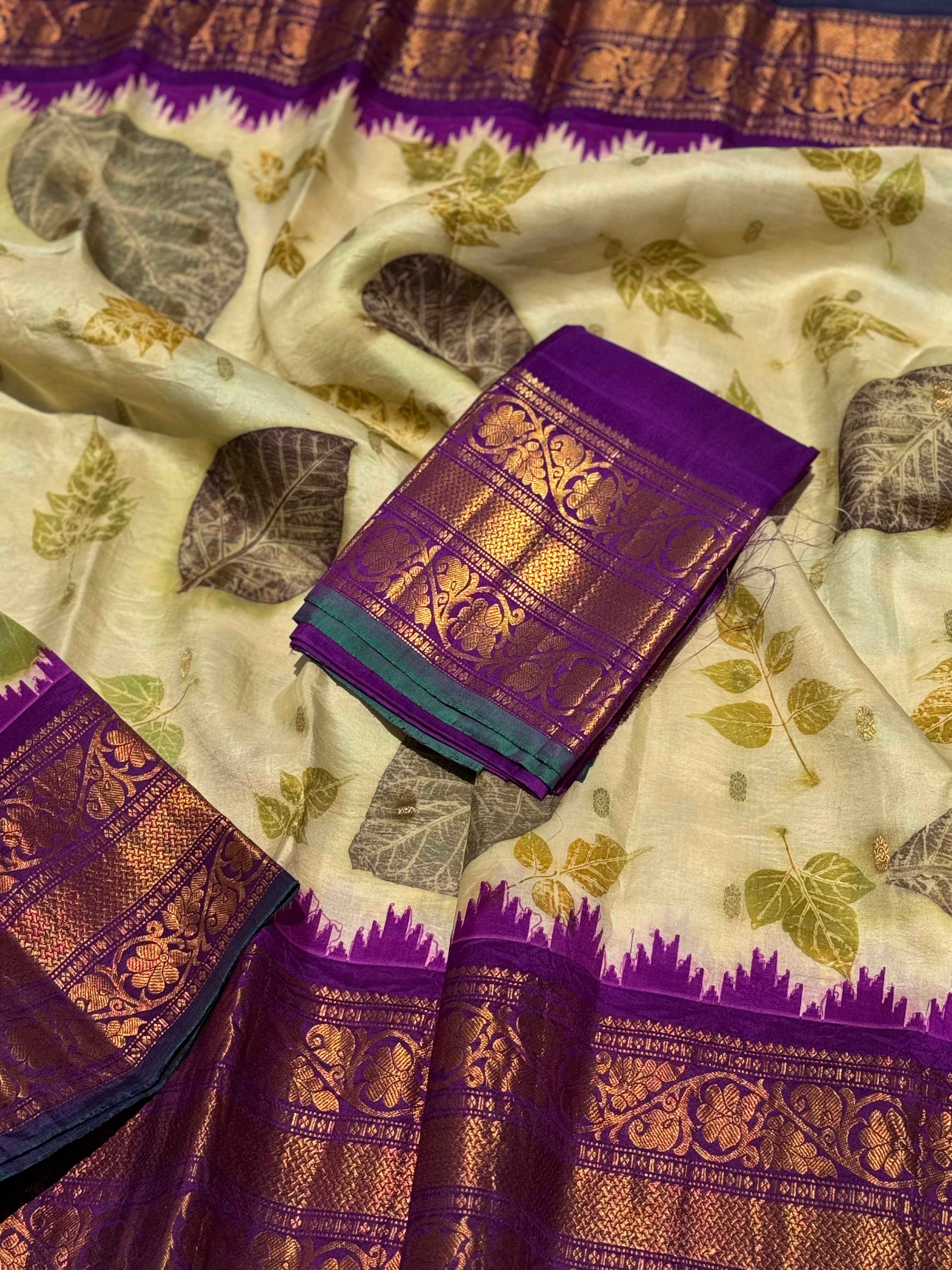 A pearl white with purple Natural Handmade Ecoprints Gadwal silk saree