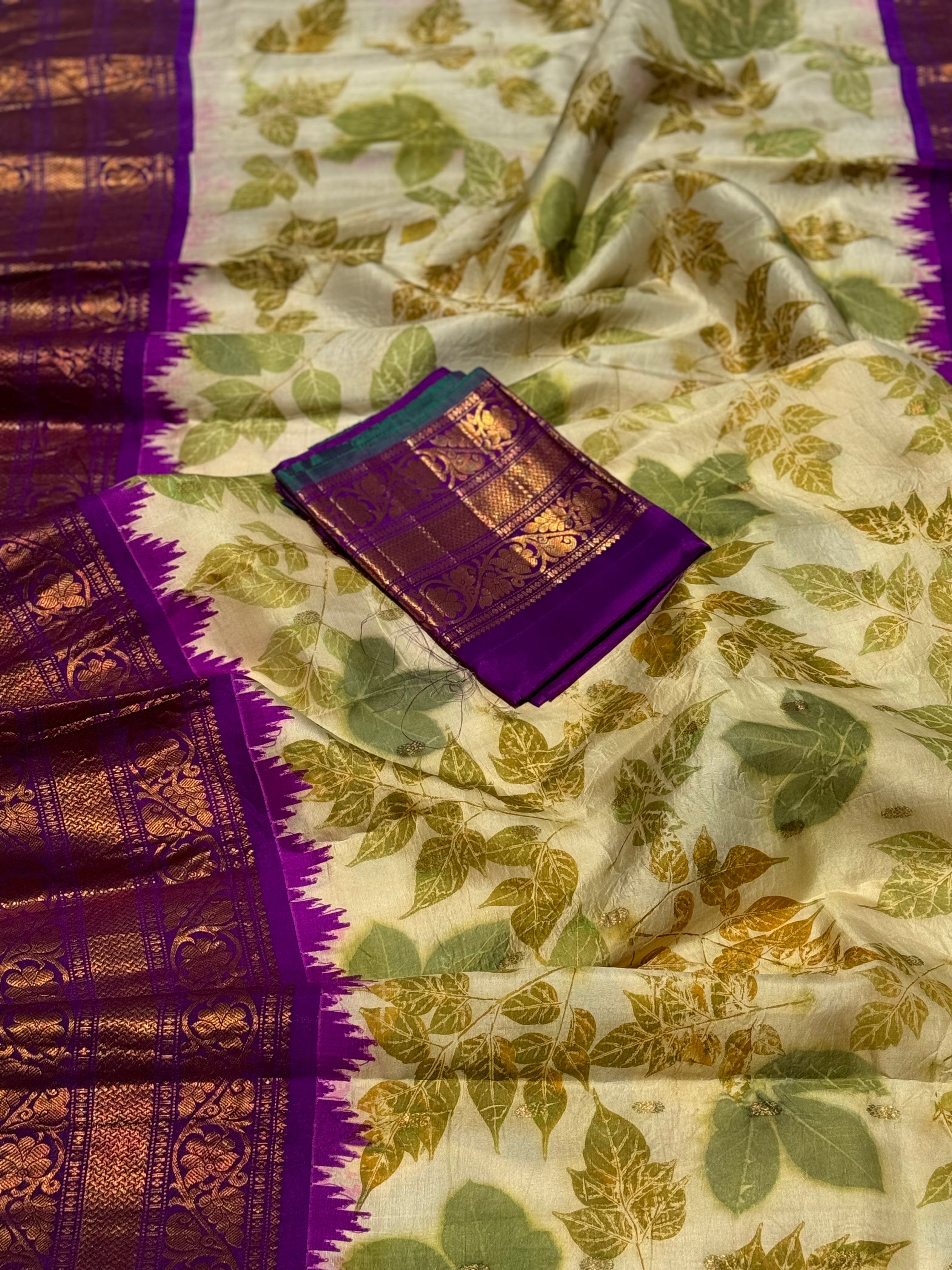 A pearl white with purple Natural Handmade Ecoprints Gadwal silk saree