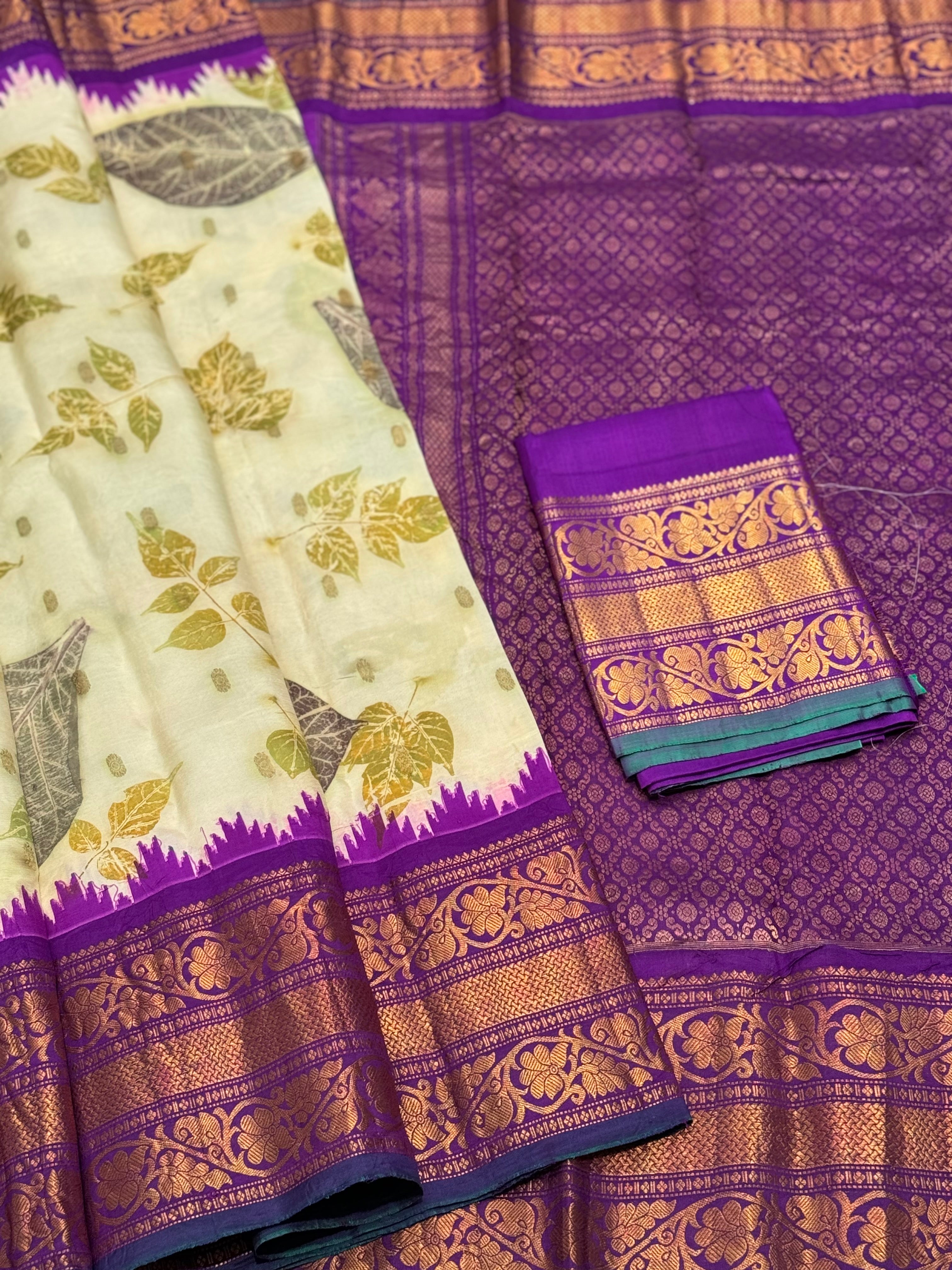 A pearl white with purple Natural Handmade Ecoprints Gadwal silk saree