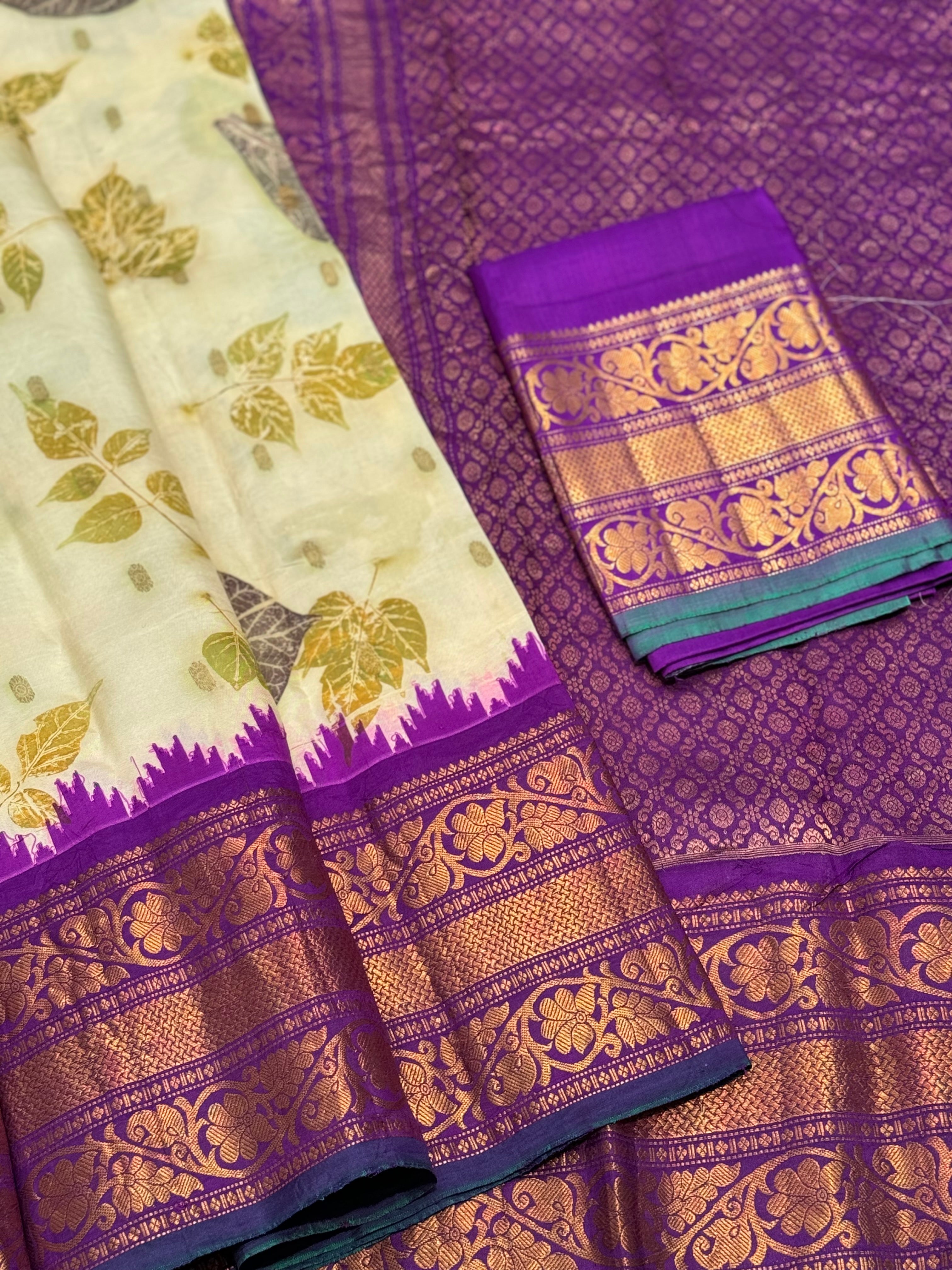 A pearl white with purple Natural Handmade Ecoprints Gadwal silk saree